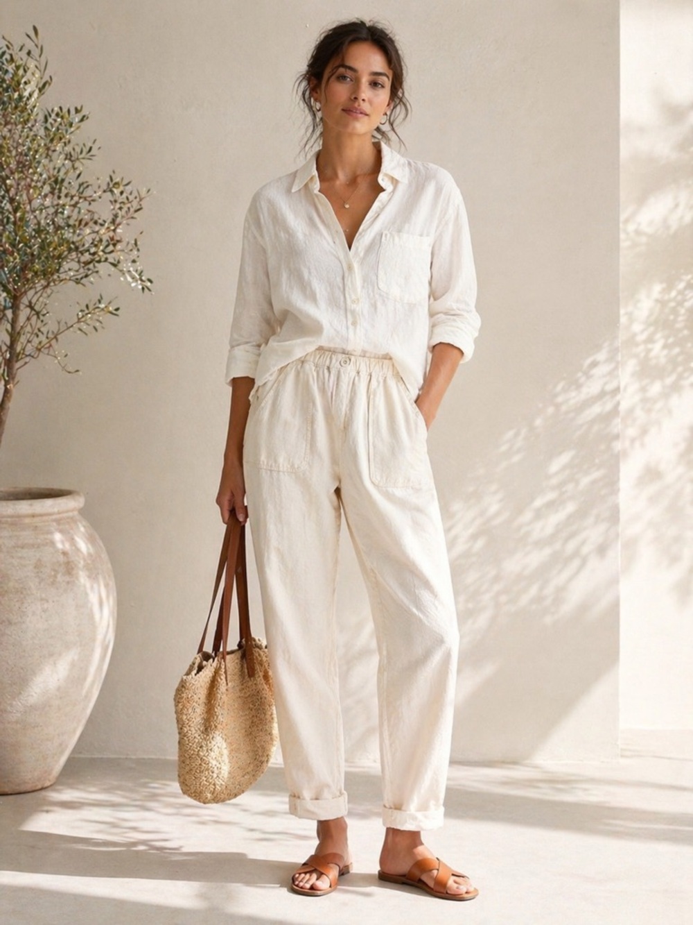 J.Crew Cropped Linen Blend Pants Elastic Waist Zip Front Cream Sundried Sand 10